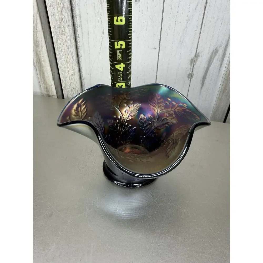 Vintage Fenton Hat Vase Bowl Cobalt Blue Carnival Glass Leaves & Berries